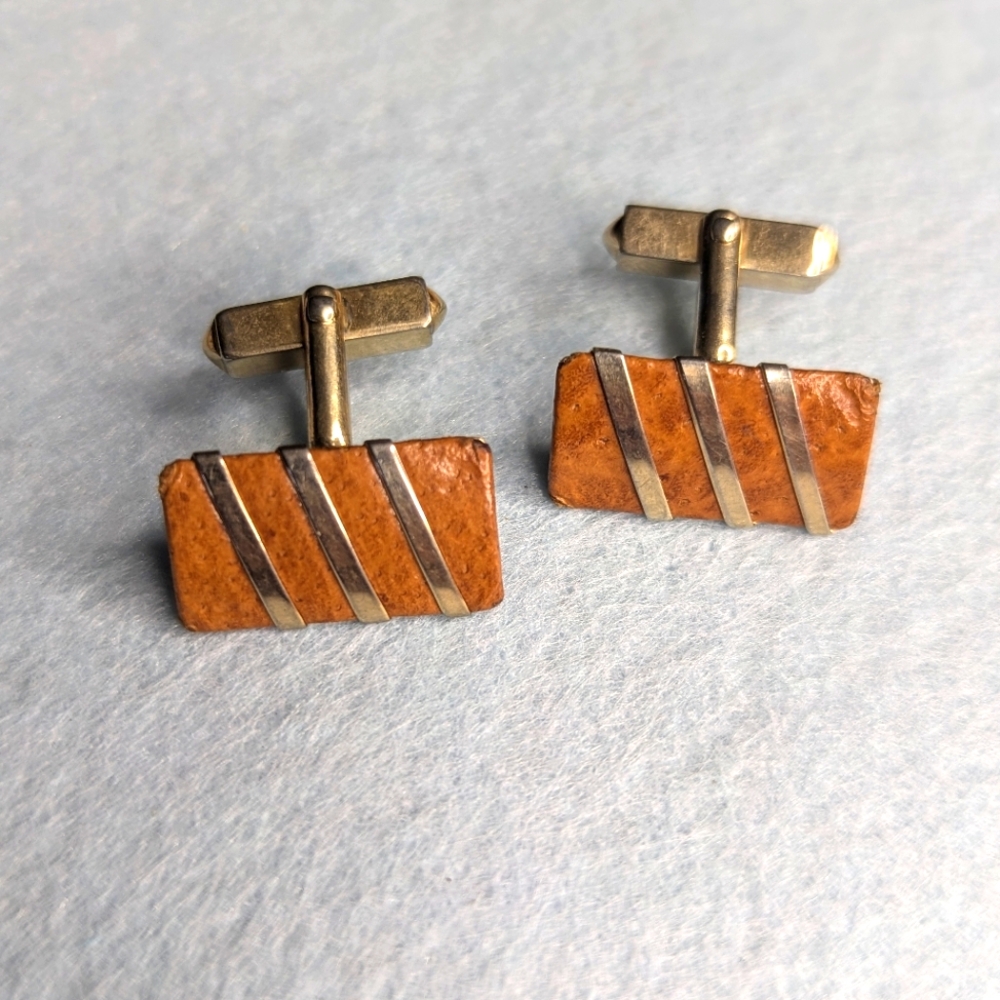 Vintage 1960's SWANK Leather And Gold Filled Cuff Links